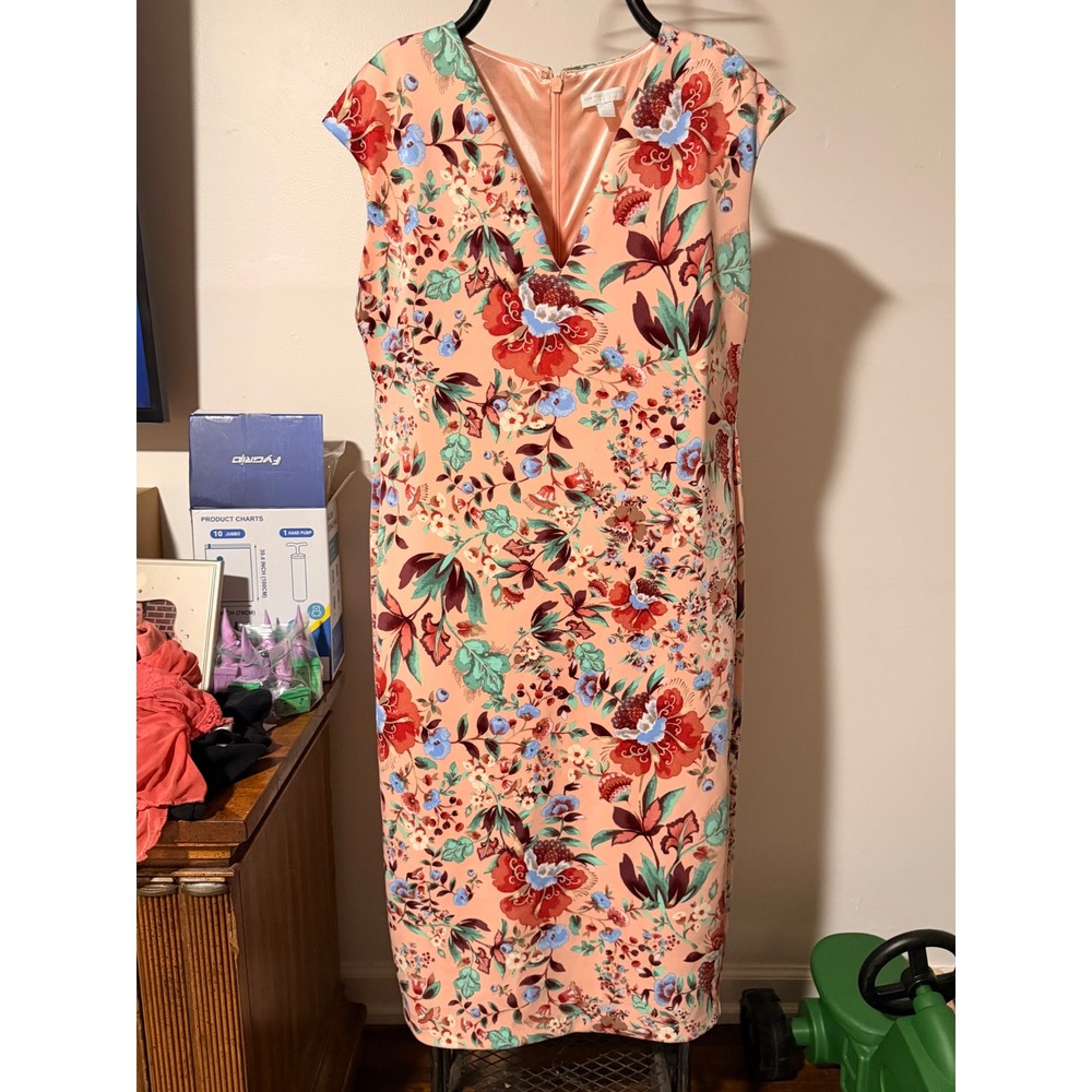 New York & Company Peach Floral V-Neck Sheath Dress Womens Size Large Stretch